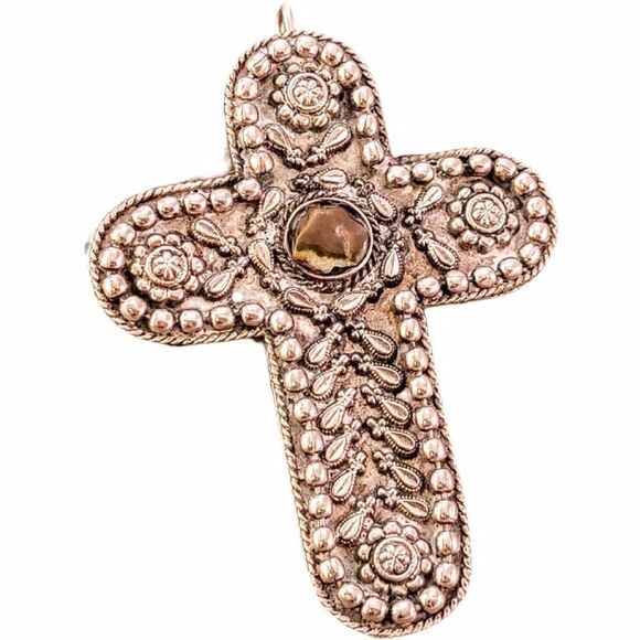 Large Silver Ornate Organic Artisan Agate Statement Cross Pendant - Picture 1 of 7